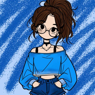 girl with a messy ponytail glasses a baggy crop top and jean shorts