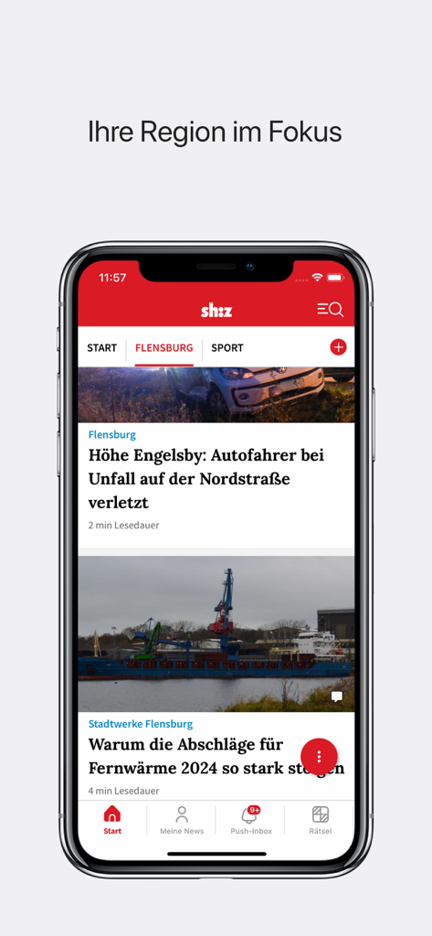 Smartphone-Bildschirm mit der sh:z News App und lokalen Nachrichten aus der Region Flensburg