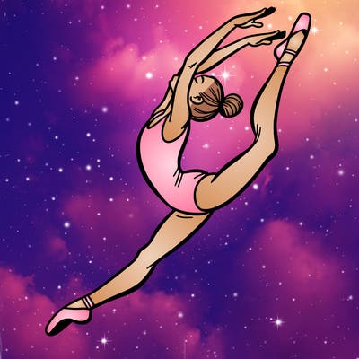 gymnast doing a leap in a leotard with a bent back leg