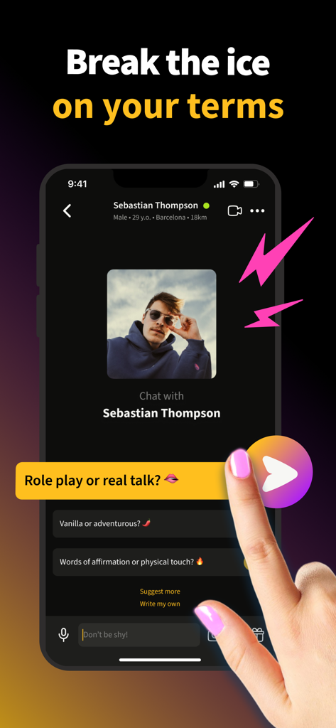 POPCORN: Date, Flirt, Connect - POPCORNデーティングアプリのインターフェース。会話を始めるための、ロールプレイやリアルな話のようなインタラクティブなアイスブレーカーの質問が表示されています。