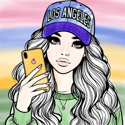 realistic beautiful girl wearing los ángeles cap holding an iphone