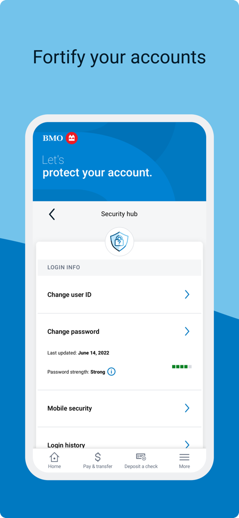 BMO Digital Banking Security hub interface for managing login information and mobile security settings