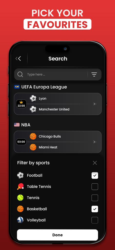 David Smart Sports Predictions - David Smart Sports Predictions app search screen showing sport filters and favorite league selections.