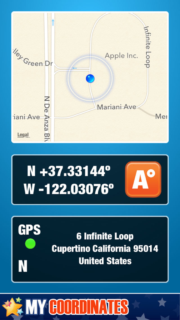 My Coordinates. GPS Location - GPS coordinates and address display in the My Coordinates app