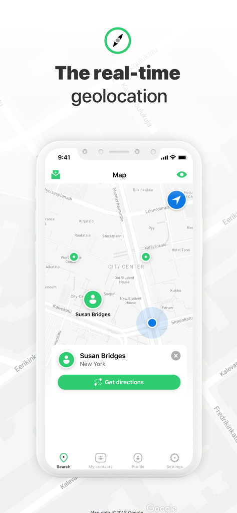 Interface do aplicativo Localizador de Amigos mostrando a localização em tempo real de um contato em um mapa da cidade.