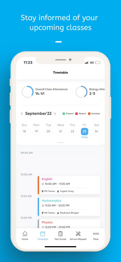 myAakash - A screenshot of the myAakash app showing a student daily timetable with class schedules and attendance tracking