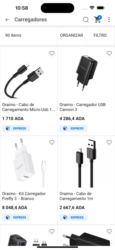 Mobile app interface of Buitanda showing a wholesale product list of Oraimo chargers and cables with prices in Angolan Kwanza