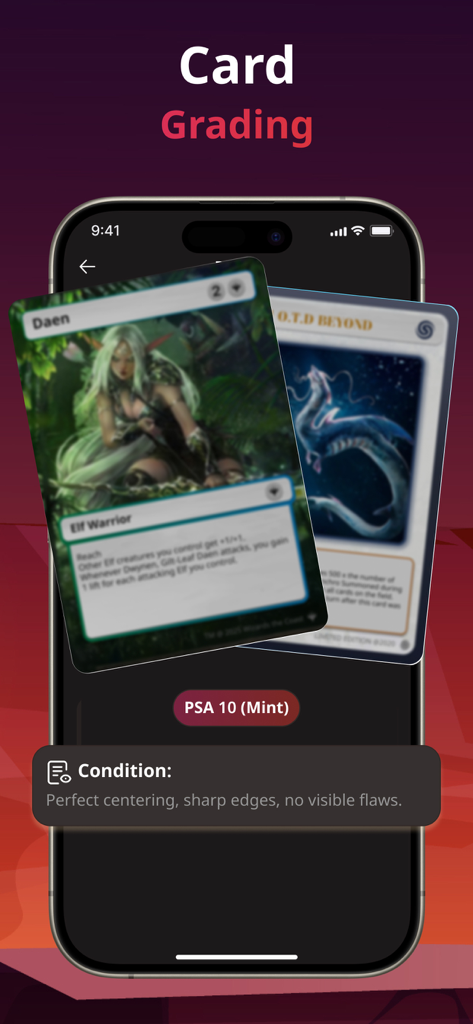 Interface de aplicativo móvel mostrando classificação de cartas de negociação e avaliação de condição com status PSA 10 Mint