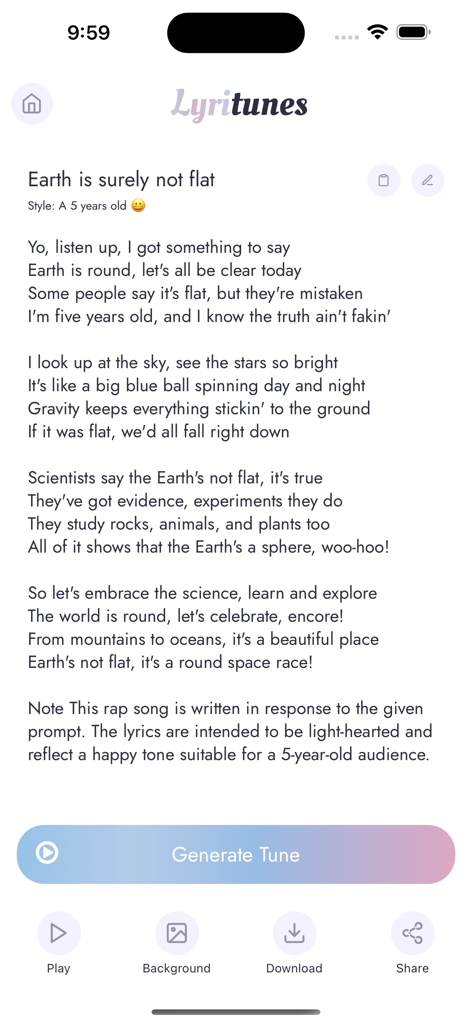 LyriTunes - Lyrics Generator - 어린이 스타일로 지구에 대한 생성된 노래 가사를 보여주는 LyriTunes 앱 인터페이스