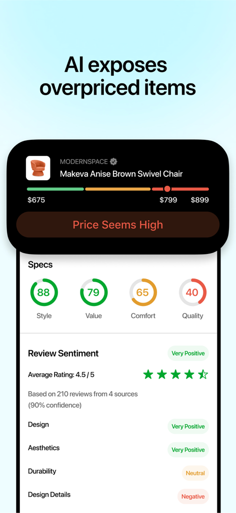 Dupe app screenshot showing AI analysis of an overpriced swivel chair with specifications and review sentiment