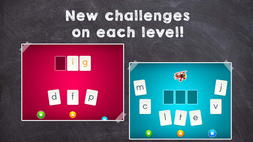 LetterSchool - Teach Spelling - Una interfaz de aplicación de ortografía que muestra diferentes niveles de dificultad donde los niños arrastran y sueltan letras para completar palabras como dig y plane.