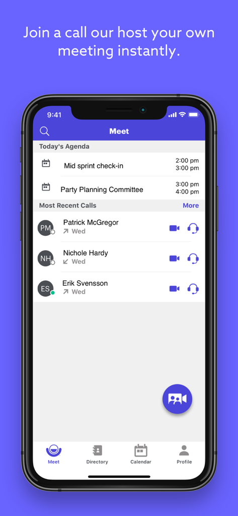 Lifesize video conferencing app showing daily meeting agenda and recent calls on an iPhone