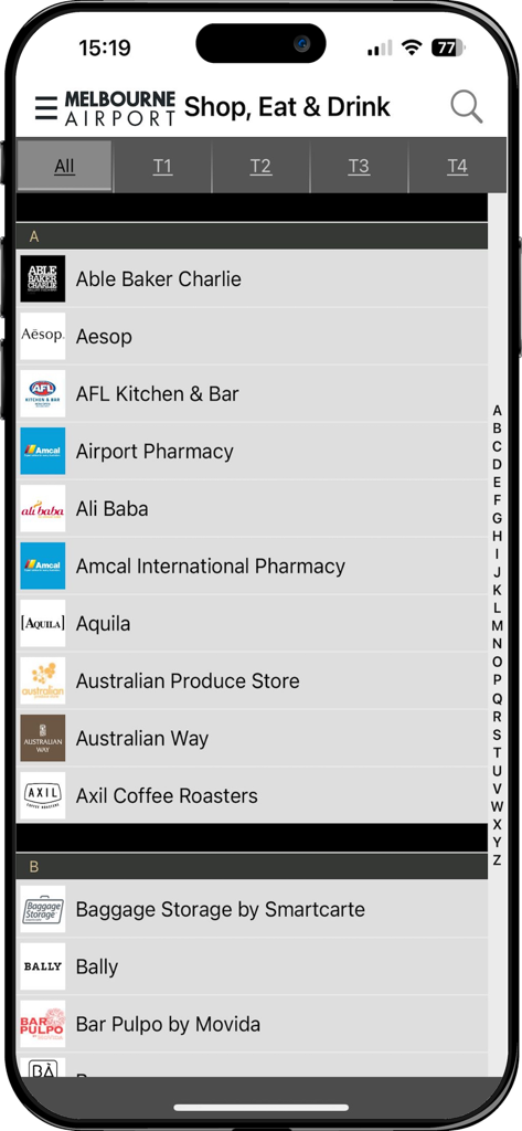 Melbourne Airport - Melbourne Airport mobile app screen showing an alphabetical directory of shops and restaurants for travelers