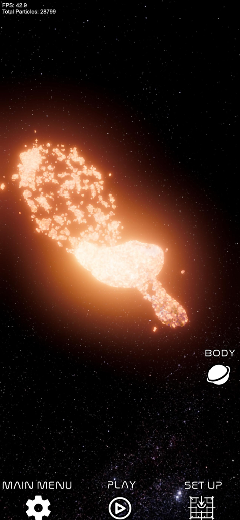 Glowing orange particles from a planetary collision in a space simulation app