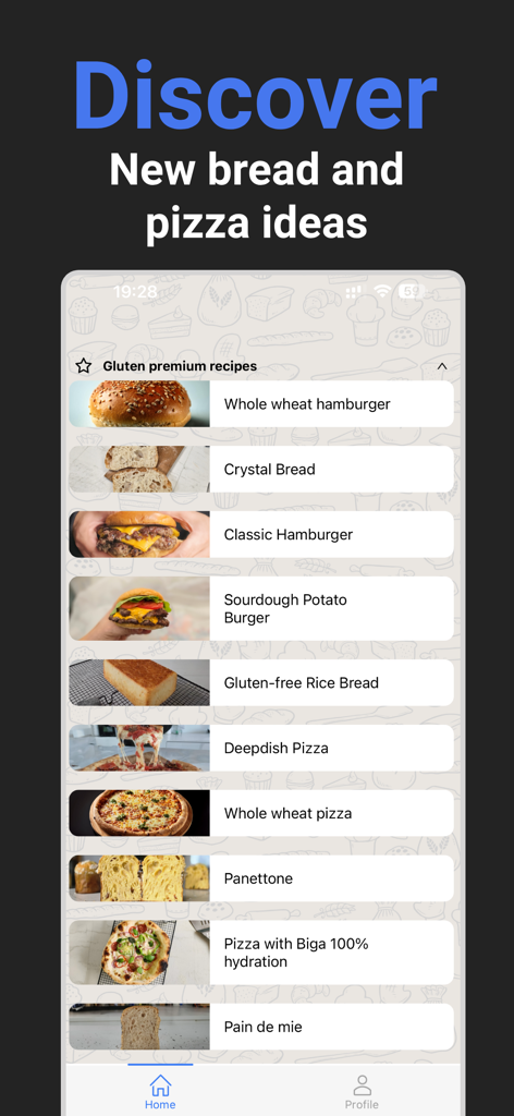 Gluten Morgen - Gluten Morgen app screen showing a variety of artisanal bread and pizza recipes like sourdough and whole wheat