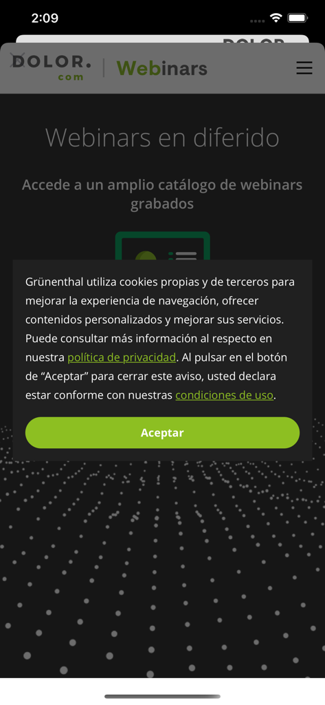 App Dolor.com - Interfaz de la aplicación Dolor.com que muestra la sección de seminarios médicos grabados para profesionales de la salud.
