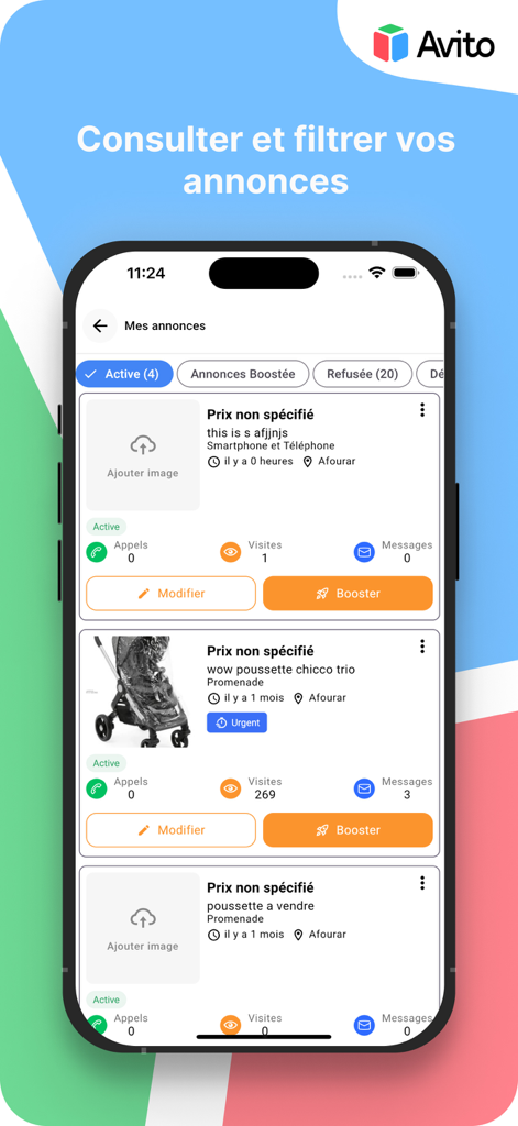 Avito Boutique - Interfaz de la aplicación Avito Boutique que muestra una lista de anuncios activos con estadísticas de rendimiento de llamadas, visitas y mensajes.