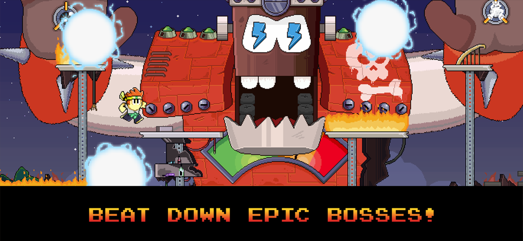 Dan The Man-Charakter steht einem riesigen mechanischen Boss in einem Retro-Pixel-Art-Level gegenüber