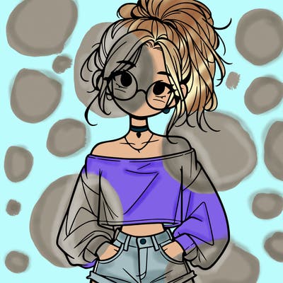 girl with a messy ponytail glasses a baggy crop top and jean shorts