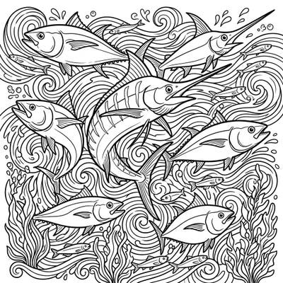 Embark on an underwater journey this summer with our pelagic fish coloring page. This intricate design features powerful tuna, swift marlin, and elegant swordfish amidst energetic ocean waves, promising hours of creative fun.