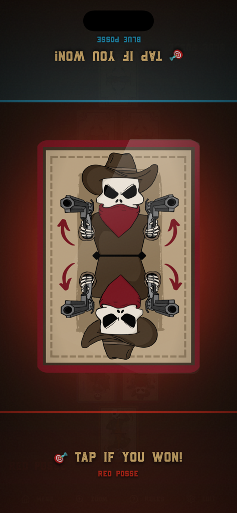 Cardy Cardy Flip Game - Skeleton cowboy action card in Cardy Cardy Flip Game with team win buttons
