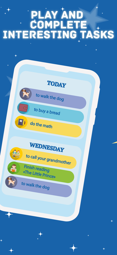 Tigrow! by Kid Security - Tigrowアプリのインターフェース。子供向けの毎日のタスクと雑用スケジュールが表示されています。