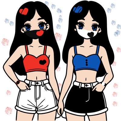 two sisters with crop tops and jean shorts and straight hair