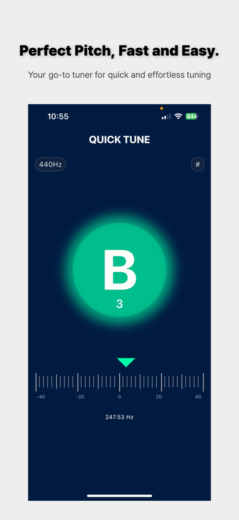 QUICK TUNE - GUITAR TUNER - Interface do aplicativo móvel QUICK TUNE mostrando um display circular verde para a nota Si e uma escala de afinação cromática
