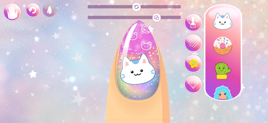 Makeup Games: Beauty Princess - A decorated fingernail with a cute cat sticker in a princess-themed nail art game for children