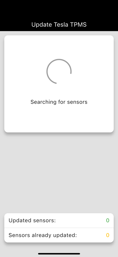 Update TPMS - The Update TPMS app interface searching for Tesla tire pressure monitoring sensors
