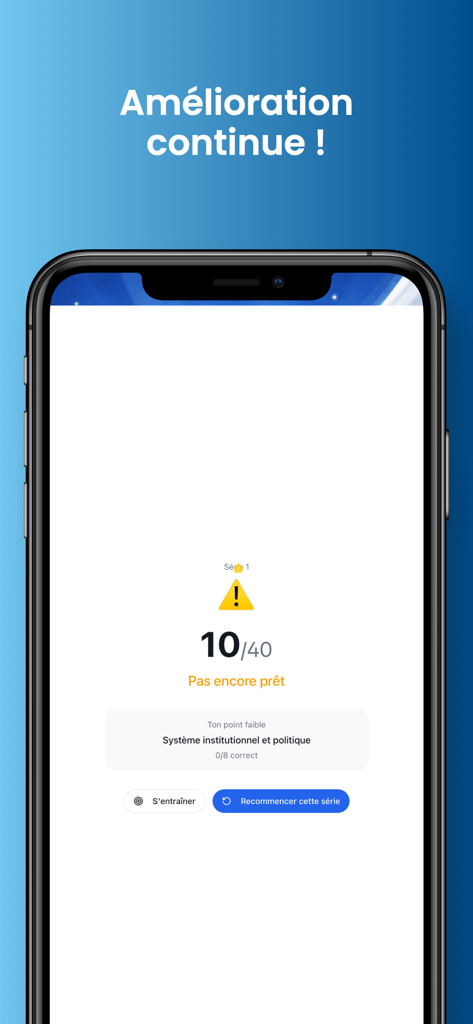 Examen Civique Test - Mobile app interface displaying a mock exam score of 10 out of 40 with identified weak areas for French naturalization