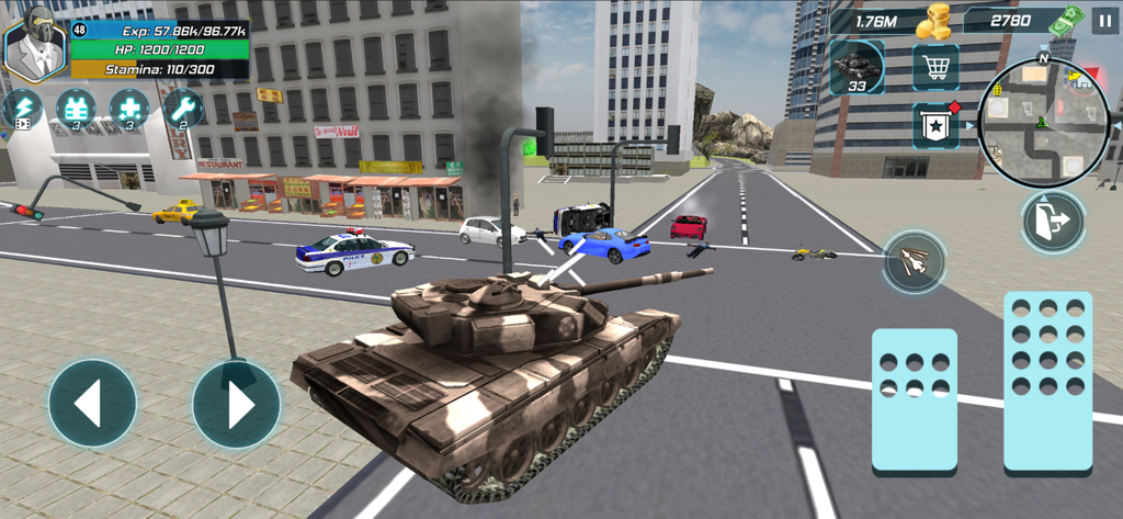 Monster Battle Series - Una captura de pantalla de acción en 3D de un juego que muestra un tanque en una calle de la ciudad con coches y controles de interfaz de juego