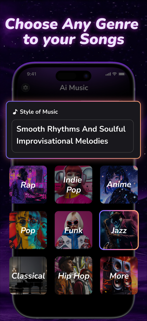 AI Music Maker app interface showing a grid of music genres like Rap, Pop, and Jazz for song creation.