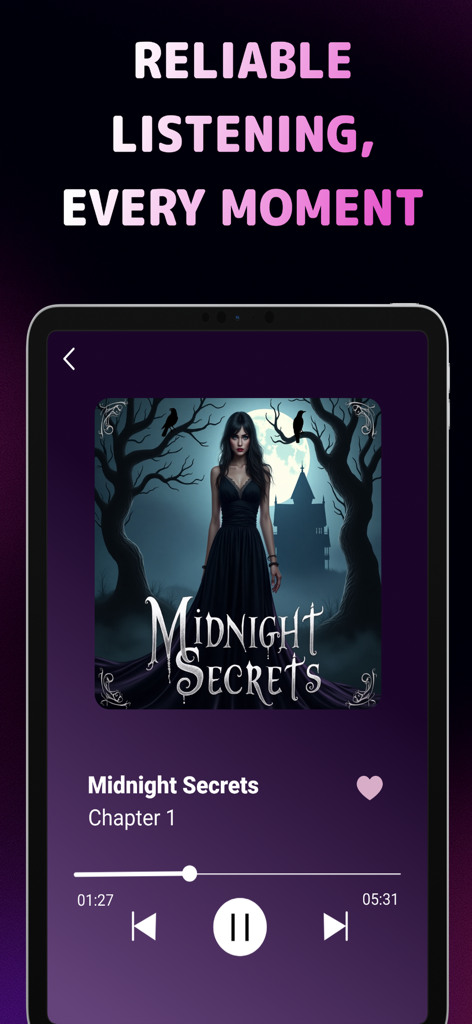 AI Story Generator Novel Maker - Audio player interface for listening to AI generated stories like Midnight Secrets