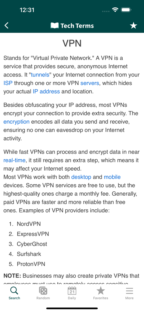 Tech Terms - A mobile screen showing the definition and examples of VPN in the Tech Terms app