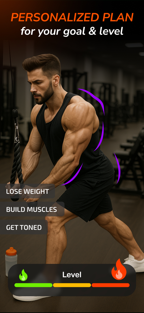ChAthlete・AI Fitness Coach App - Un uomo muscoloso che esegue un pushdown ai cavi per tricipiti in palestra con opzioni per scegliere un obiettivo personalizzato come costruire muscoli o tonificarsi.