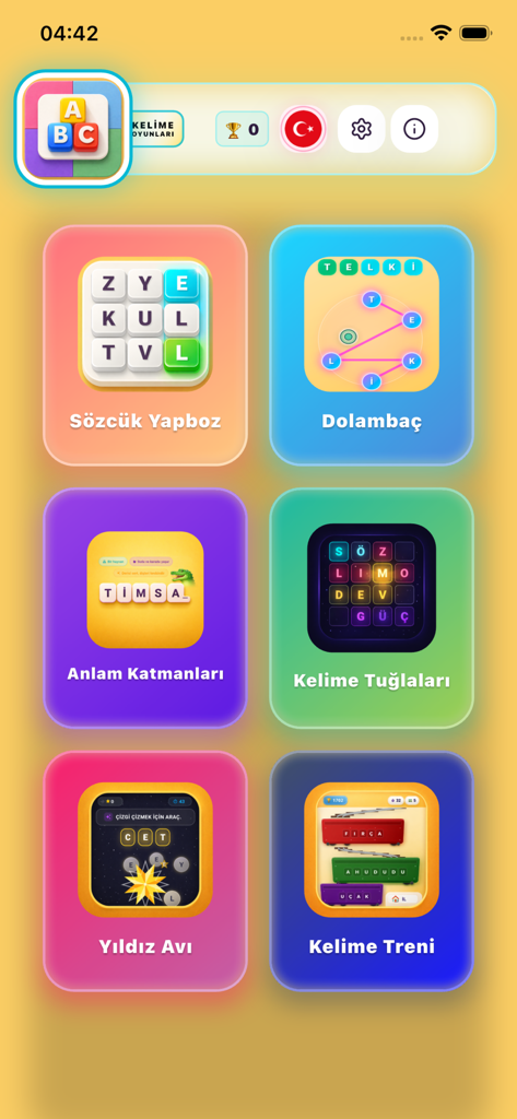 Main menu of the Word Games Offline app featuring a selection of different word puzzles and brain training games