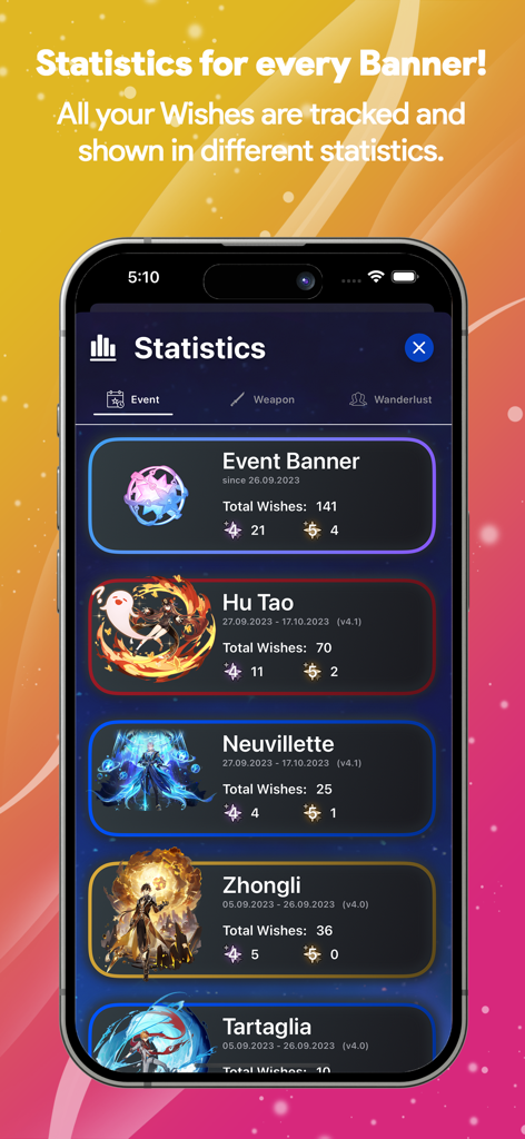 WishCounter-App-Statistikbildschirm, der das Ziehungsverfolgung für Genshin Impact Charakterbanner anzeigt