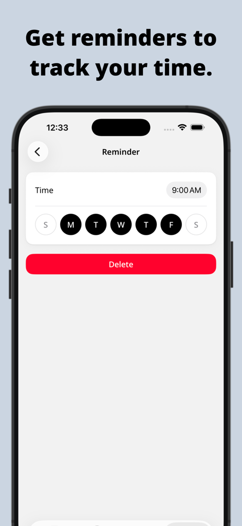 Clock Inアプリのインターフェース。毎日の時間追跡のためのリマインダー設定画面を表示。