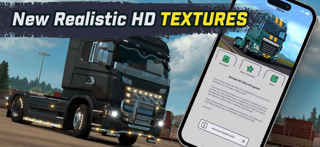 Mobile app interface displaying realistic HD truck skins for Truckers of Europe 3