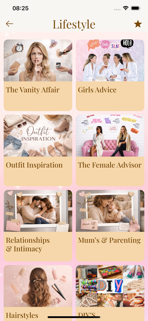 That Girl Life - Grade de categorias de estilo de vida no aplicativo That Girl Life com inspiração de looks, conselhos para pais e dicas de beleza.