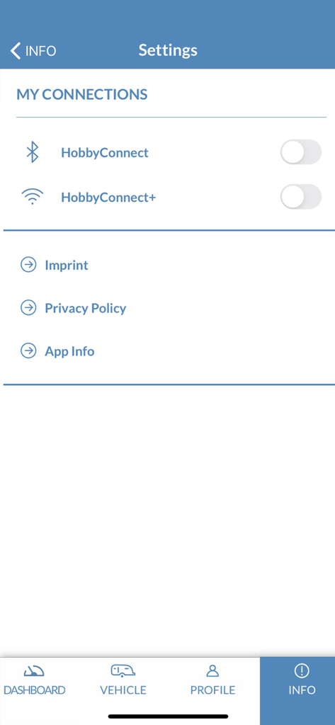 HobbyConnect - Settings screen of the HobbyConnect app showing toggles for Bluetooth and cellular connections