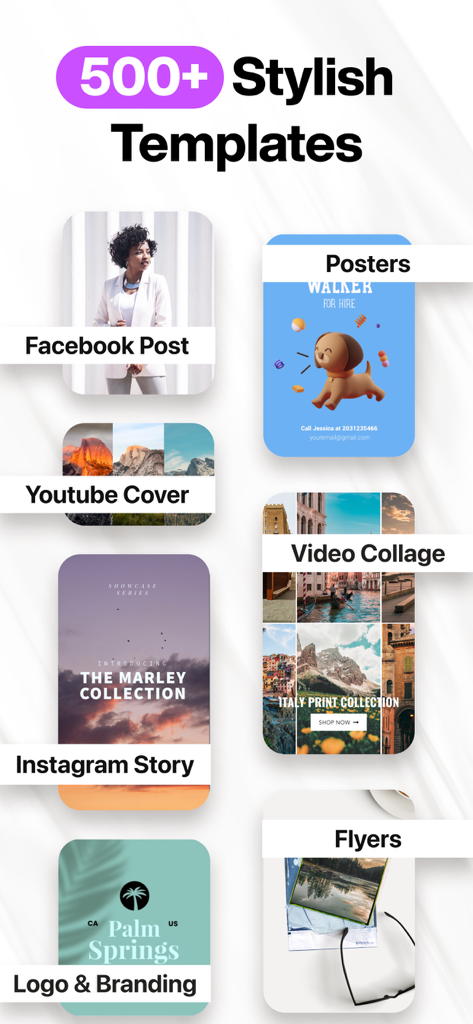 A showcase of over 500 stylish design templates for social media posts, posters, and brand logos.