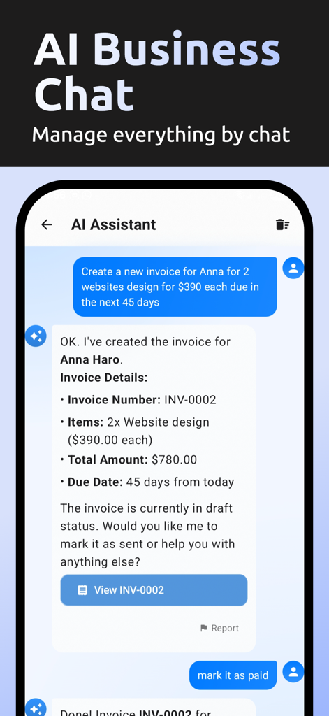 AI Invoice & Estimate Maker - AI assistant chat interface on a mobile phone generating an invoice based on user instructions