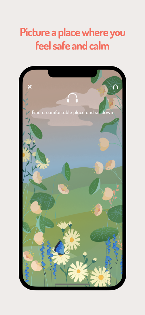 Safe Place - The Safe Place app interface featuring a peaceful meadow illustration and a grounding exercise prompt.