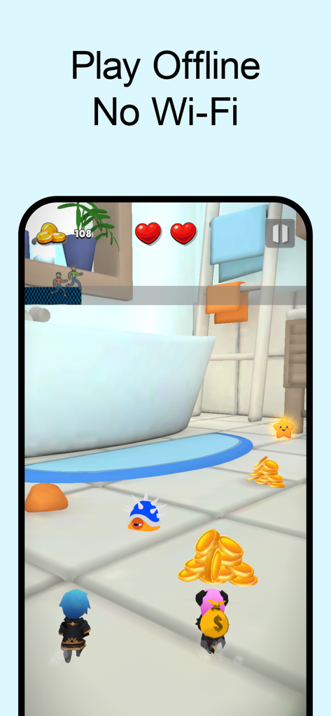 Captura de pantalla de Wobbly Life Punch and Collect mostrando a dos héroes en un nivel de baño con el modo de juego sin conexión activo