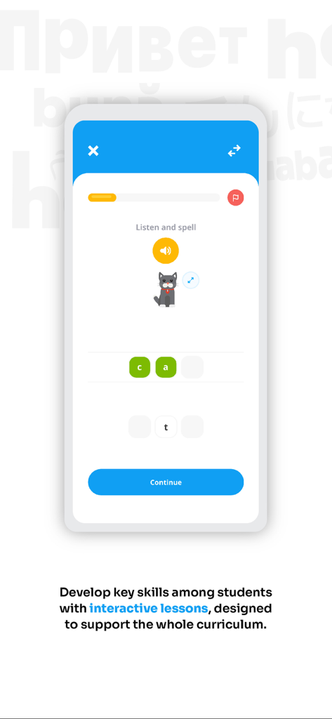 FlashAcademy app interface showing an interactive listen and spell language lesson for students.
