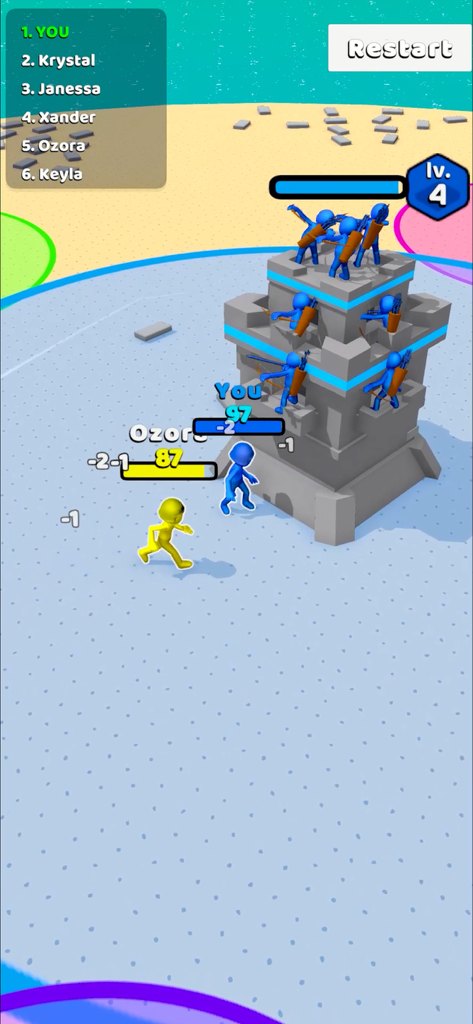 Outdo.io - A blue character and archers defending a stone tower against a yellow opponent in Outdo.io.