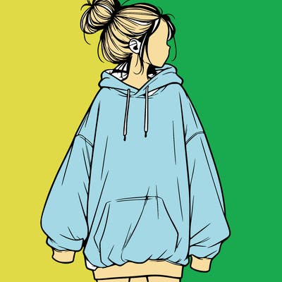 realistic girl with a oversized sweatshirt on and a bun