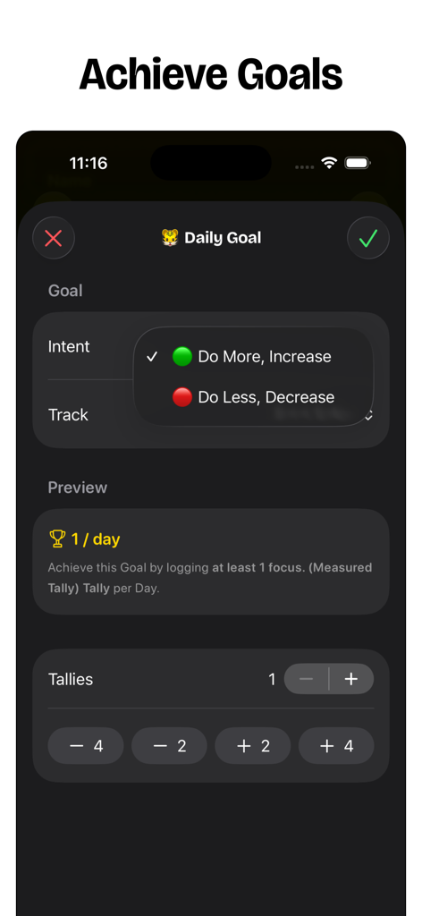 Habit Tracker — timespent - Timespent habit tracker app interface for setting daily goals and tracking progress with tallies